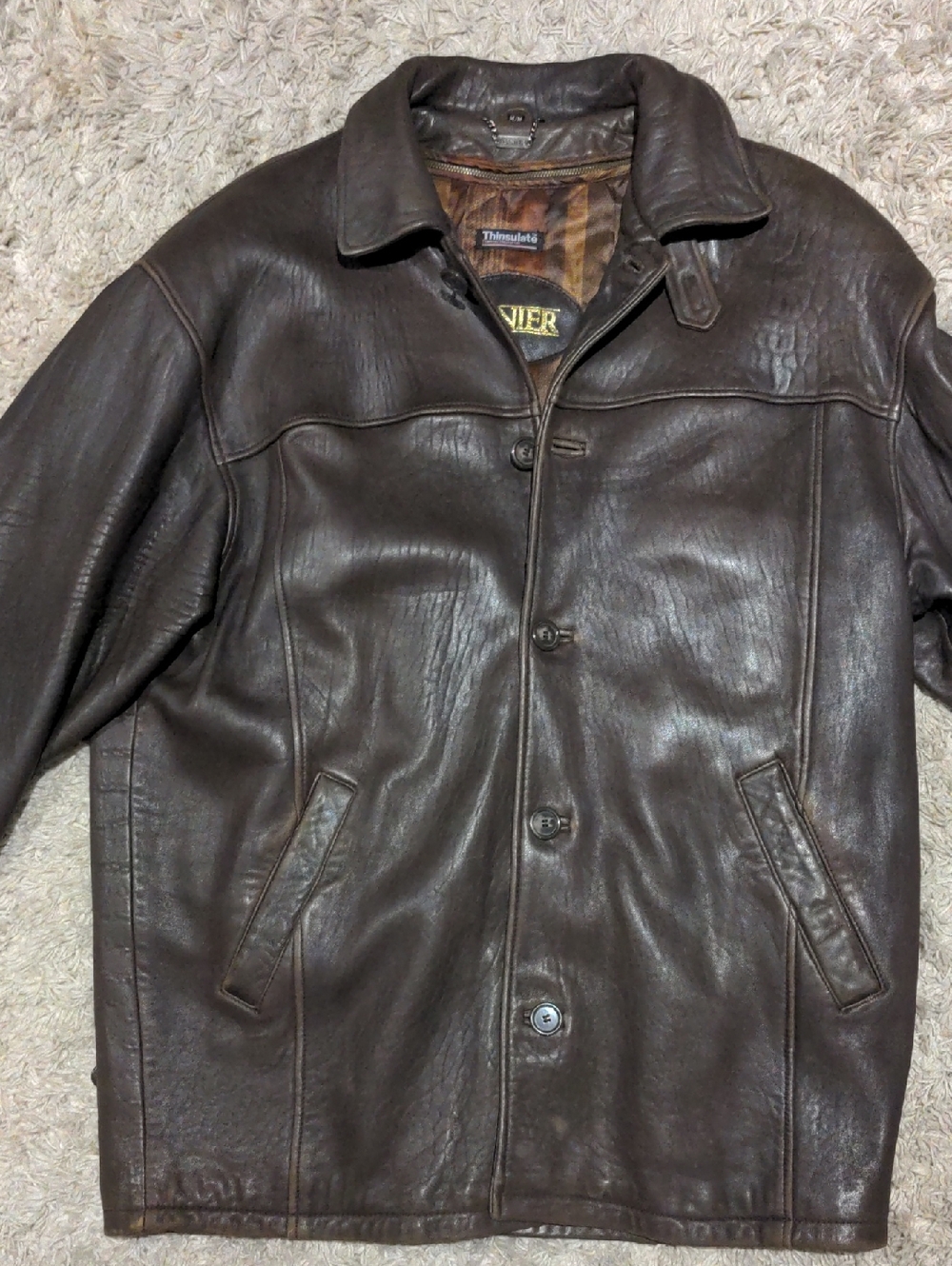 Danier Brown Leather Button-Front Bomber Coat